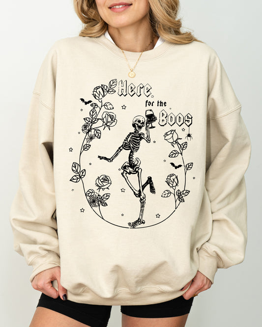 Here For The Boos, Skeleton, Ghost, Witch, Skull, Spooky, Aesthetic, Meme, Halloween, Costume Sweatshirt