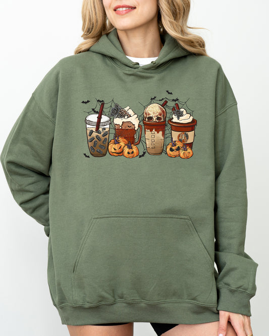 Halloween Coffee, Retro, Skeleton, Ghost, Witch, Skull, Spooky, Aesthetic, Meme, Halloween, Costume, Hoodie, Hooded Sweatshirt