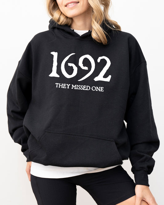 1692, They Missed One, Skeleton, Ghost, Witch, Skull, Spooky, Aesthetic, Meme, Halloween, Costume, Hoodie, Hooded Sweatshirt