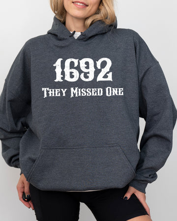 They Missed One, 1692, Skeleton, Ghost, Witch, Skull, Spooky, Aesthetic, Meme, Halloween, Costume, Hoodie, Hooded Sweatshirt