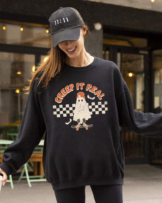 Creep It Real, Ghost, Retro, Spooky, Skeleton, Ghost, Witch, Skull, Aesthetic, Meme, Halloween, Costume Sweatshirt