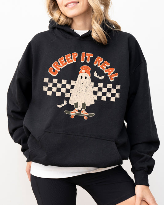 Creep It Real, Ghost, Retro, Spooky, Skeleton, Ghost, Witch, Skull, Aesthetic, Meme, Halloween, Costume, Hoodie, Hooded Sweatshirt