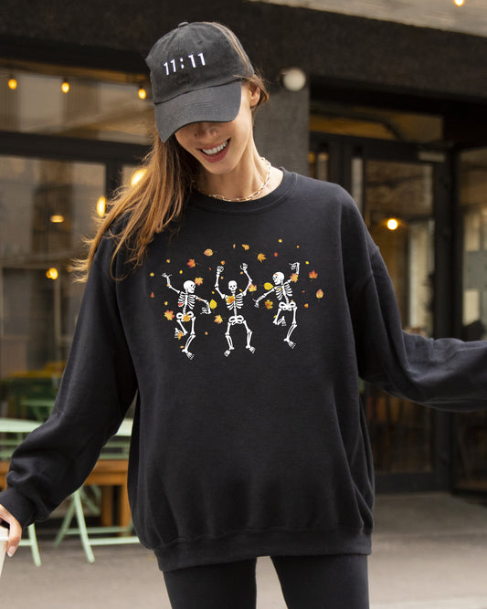 Fall Leaves Dancing, Skeletons, Ghost, Witch, Skull, Aesthetic, Meme, Halloween, Costume Sweatshirt