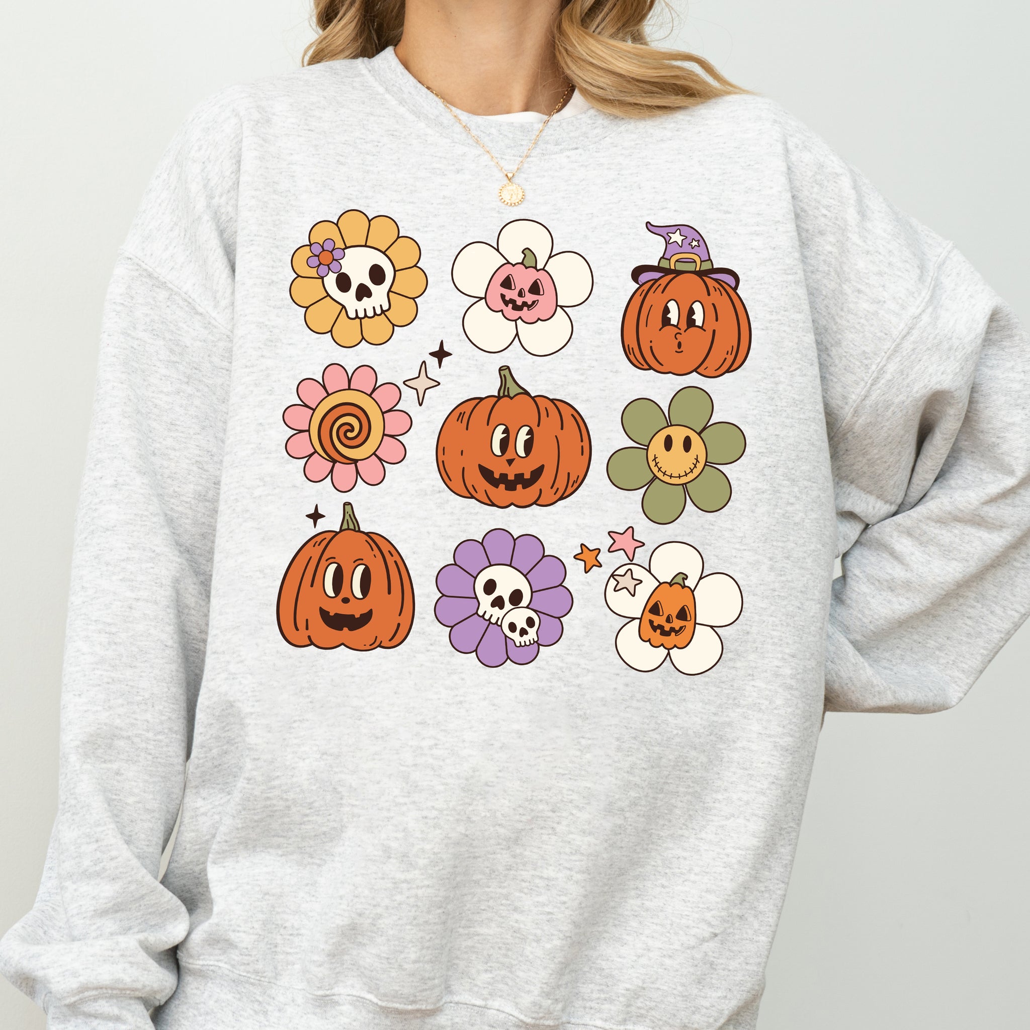 Retro Pumpkins, Fall, Skeleton, Witch, Skull, Spooky, Aesthetic, Meme, Halloween, Costume Sweatshirt