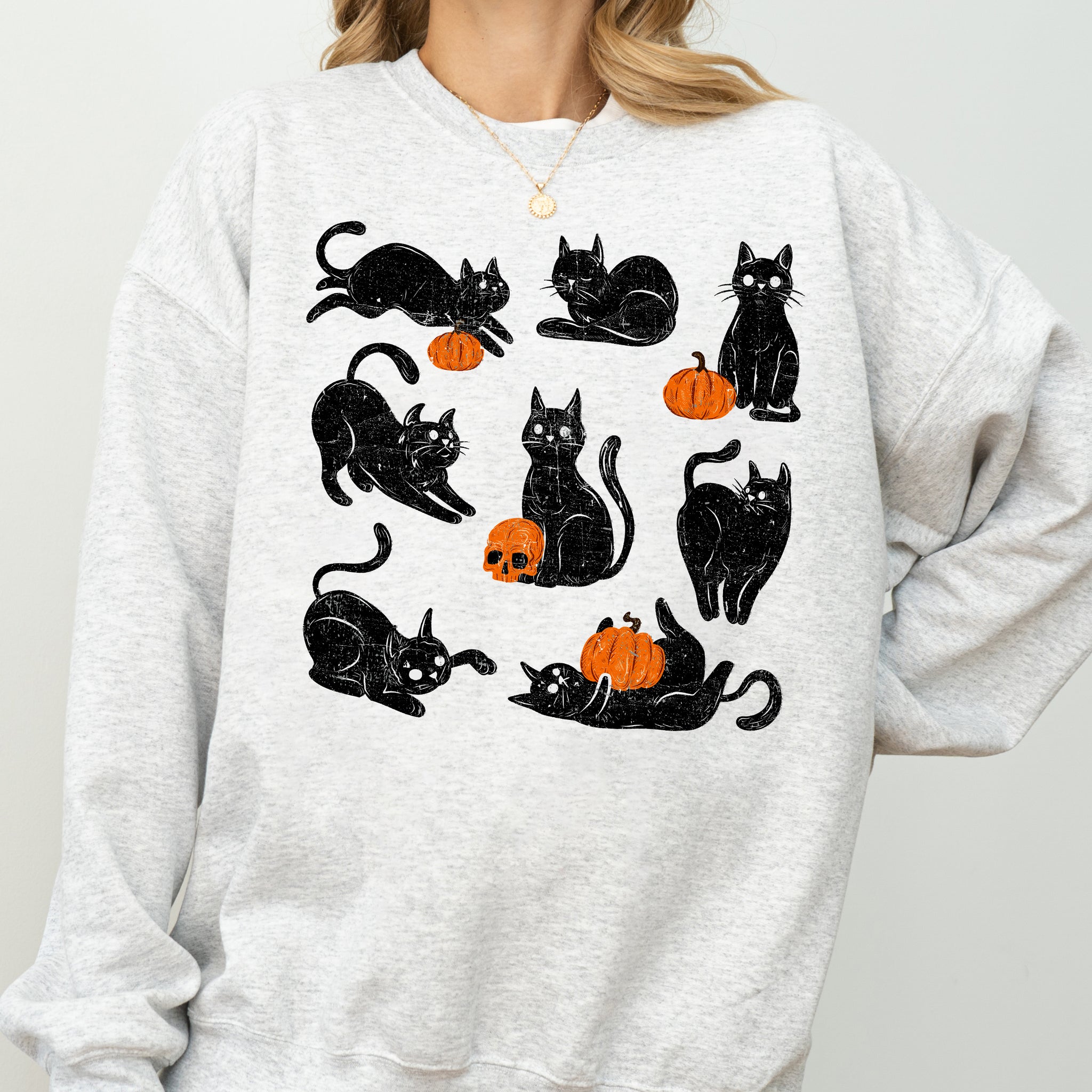 Mini Cats and Pumpkins, Skeleton, Witch, Ghost, Skull, Spooky, Aesthetic, Meme, Halloween, Costume Sweatshirt