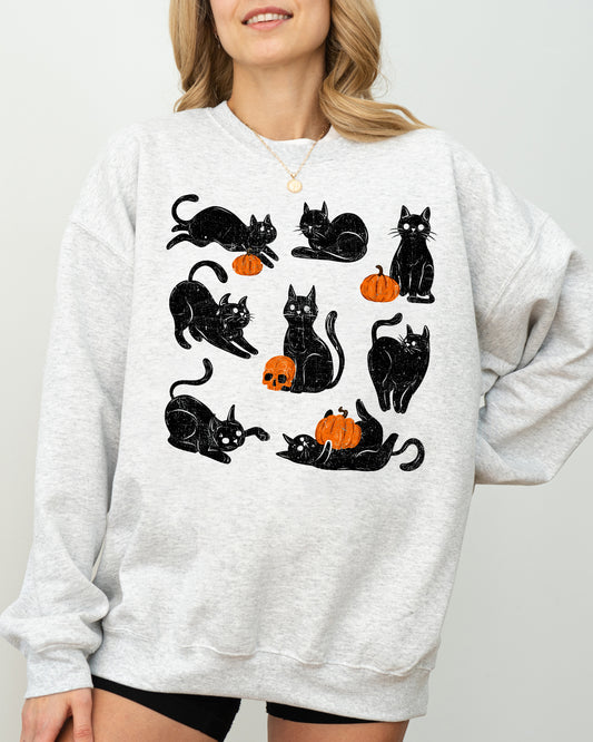 Mini Cats and Pumpkins, Skeleton, Witch, Ghost, Skull, Spooky, Aesthetic, Meme, Halloween, Costume Sweatshirt