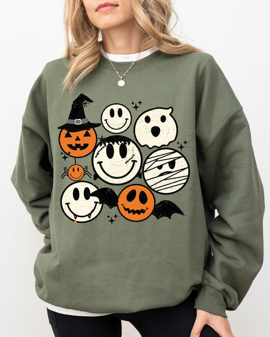 Retro Spooky Faces, Skeleton, Witch, Skull, Aesthetic, Meme, Halloween, Costume Sweatshirt