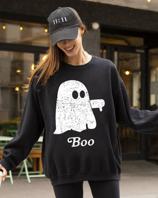 Boo Thumb, Ghost, Spooky, Scary, Skeleton, Skull, Western, Witch, Aesthetic, Meme, Halloween, Costume Sweatshirt