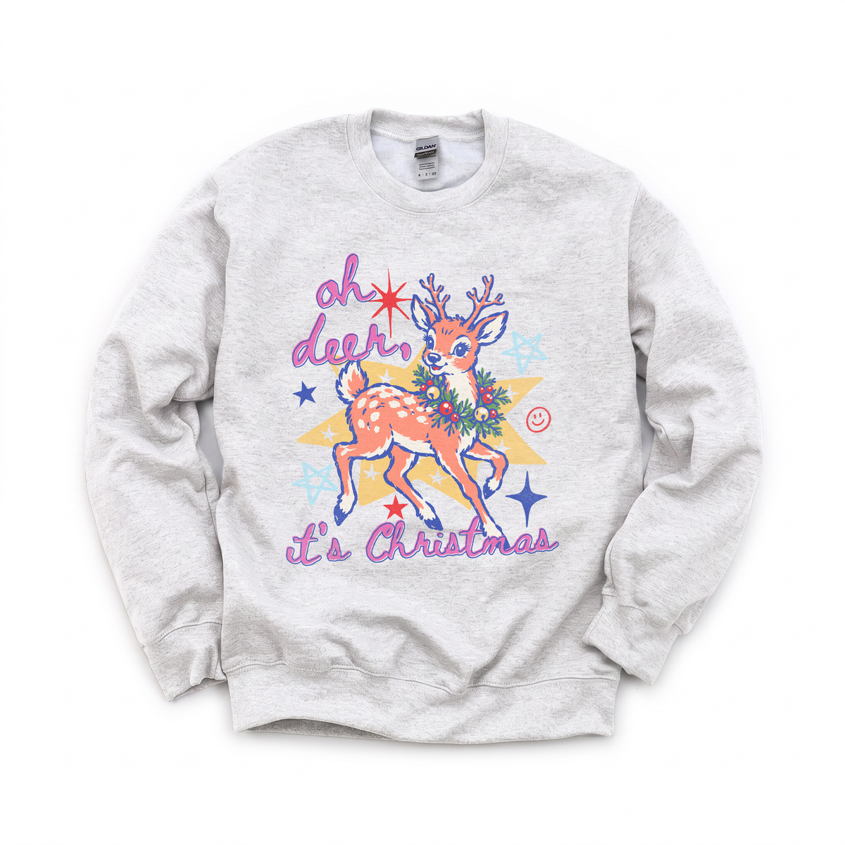 Oh Deer It's Christmas graphic on Gildan 18000 in Ash