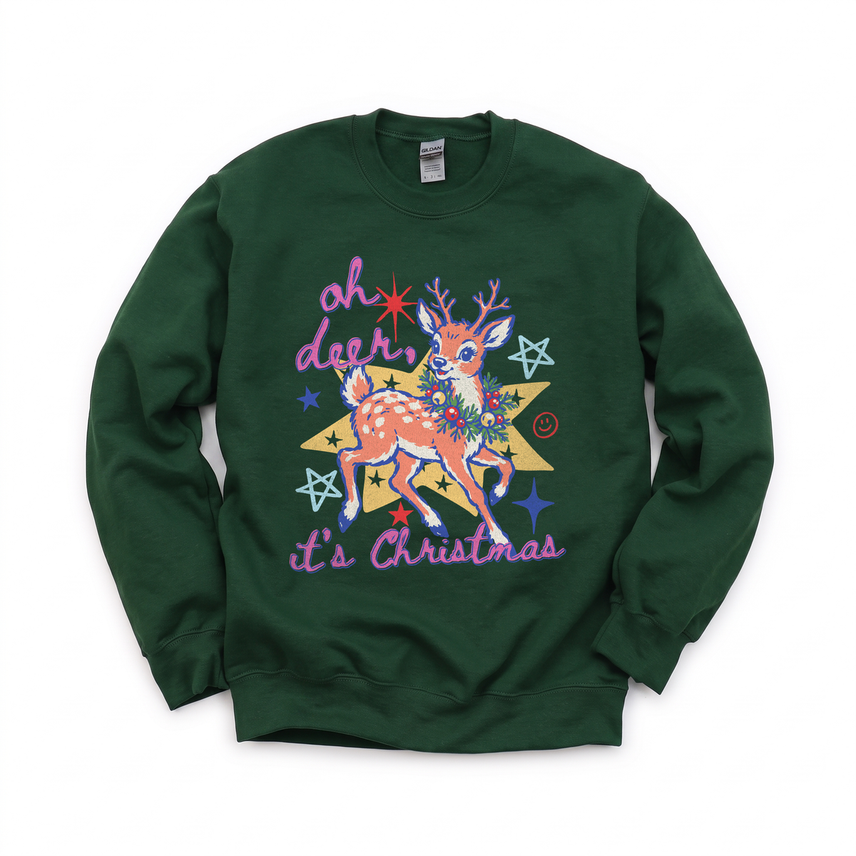 Oh Deer It's Christmas graphic on Gildan 18000 in Forest Green