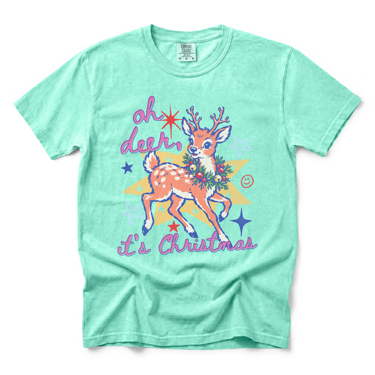 Oh Deer It's Christmas graphic on Comfort Colors 1717 in Island Reef