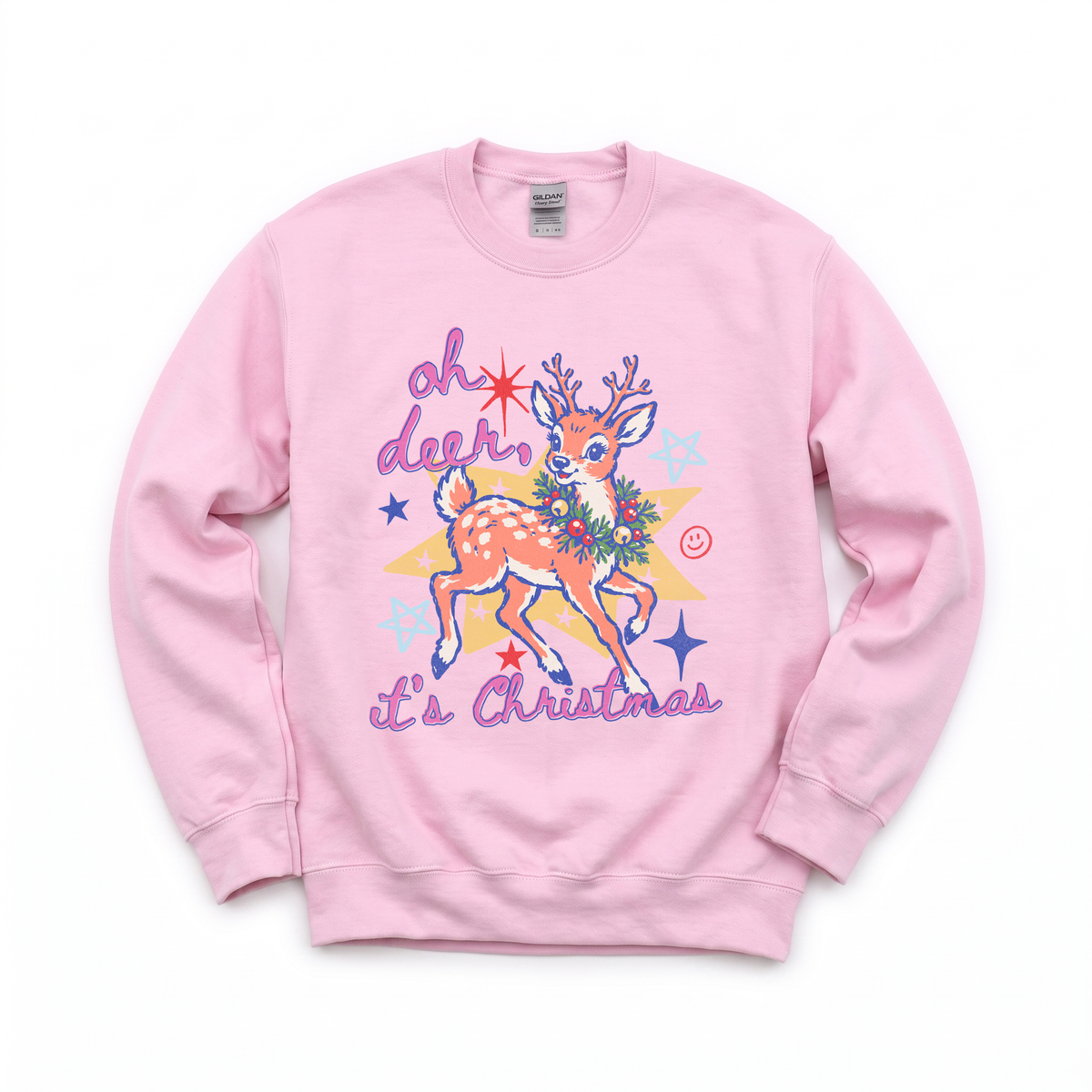 Oh Deer It's Christmas graphic on Gildan 18000 in Light Pink