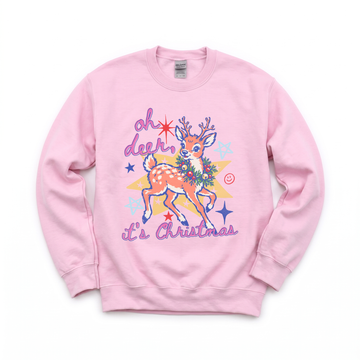 Oh Deer It's Christmas graphic on Gildan 18000 in Light Pink