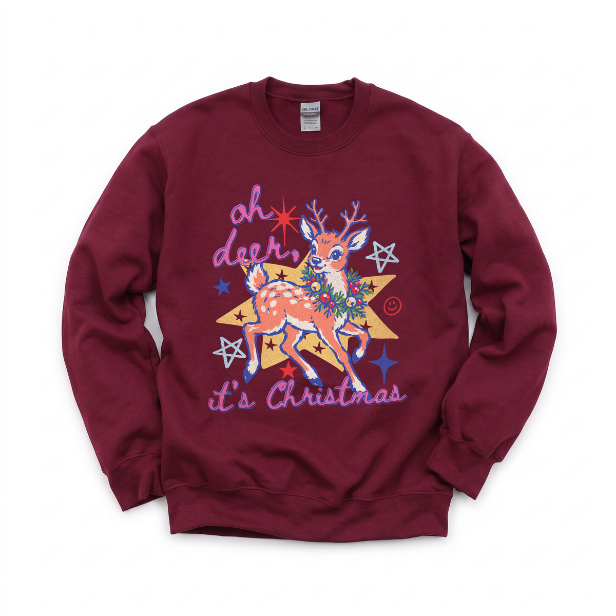 Oh Deer It's Christmas graphic on Gildan 18000 in Maroon