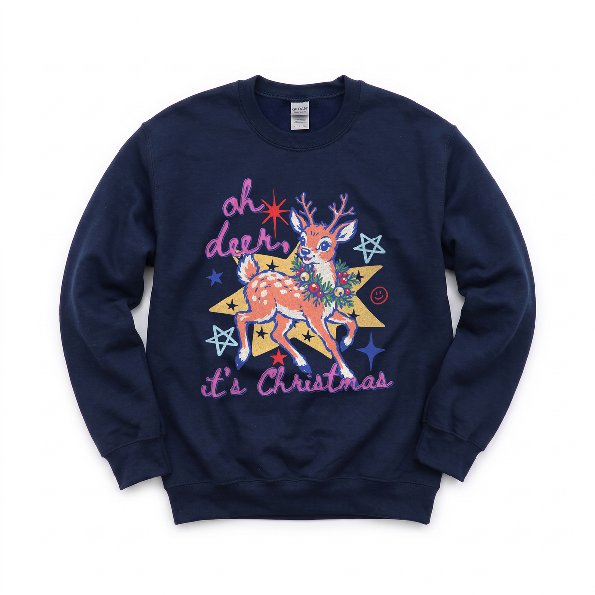 Oh Deer It's Christmas graphic on Gildan 18000 in Navy