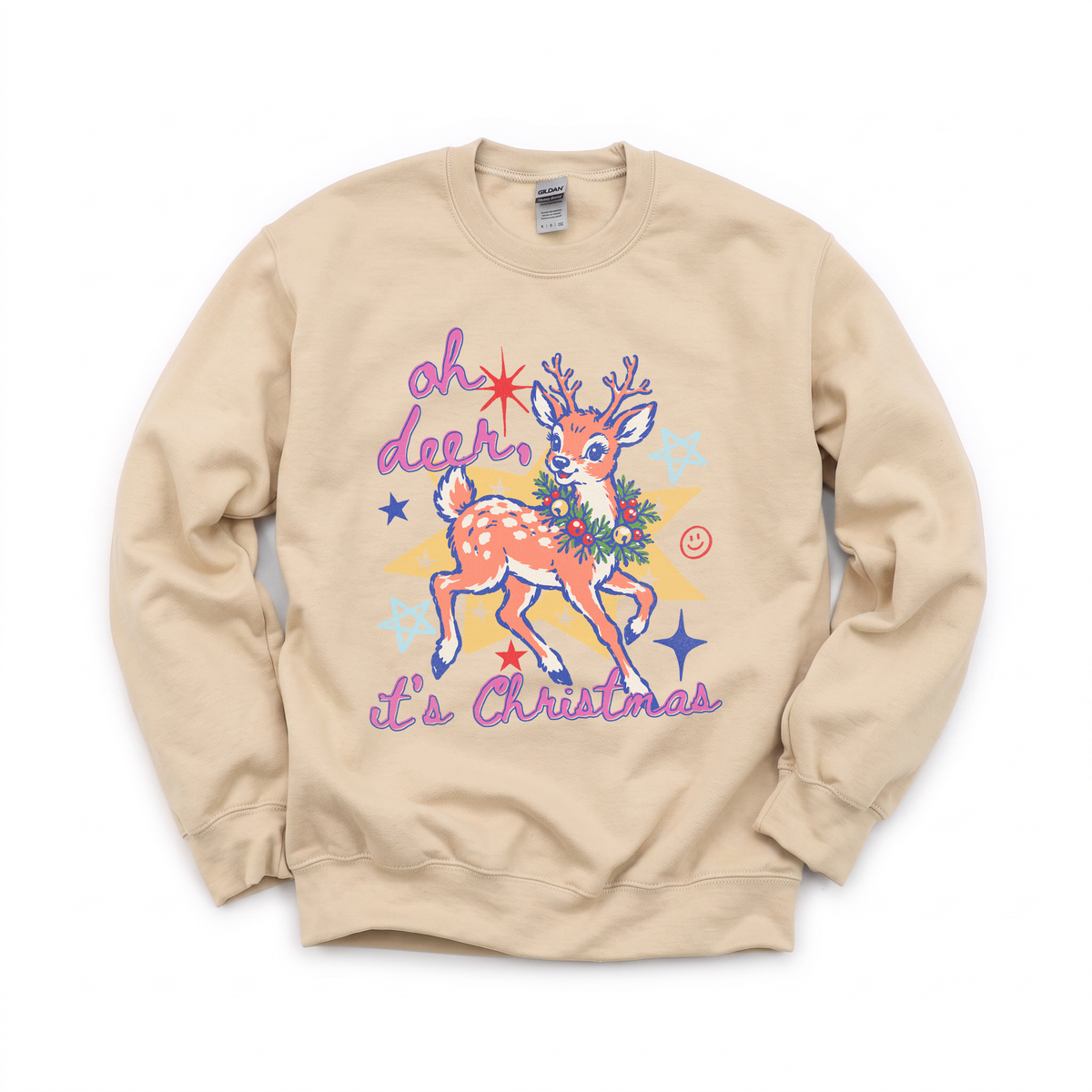 Oh Deer It's Christmas graphic on Gildan 18000 in Sand