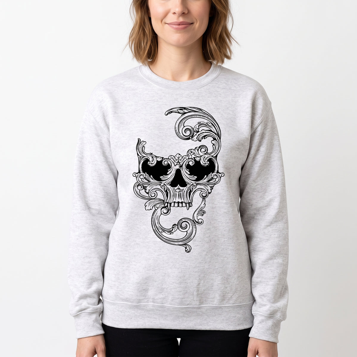 Model wearing the Ornate Skull sweatshirt in Ash, cover image 1