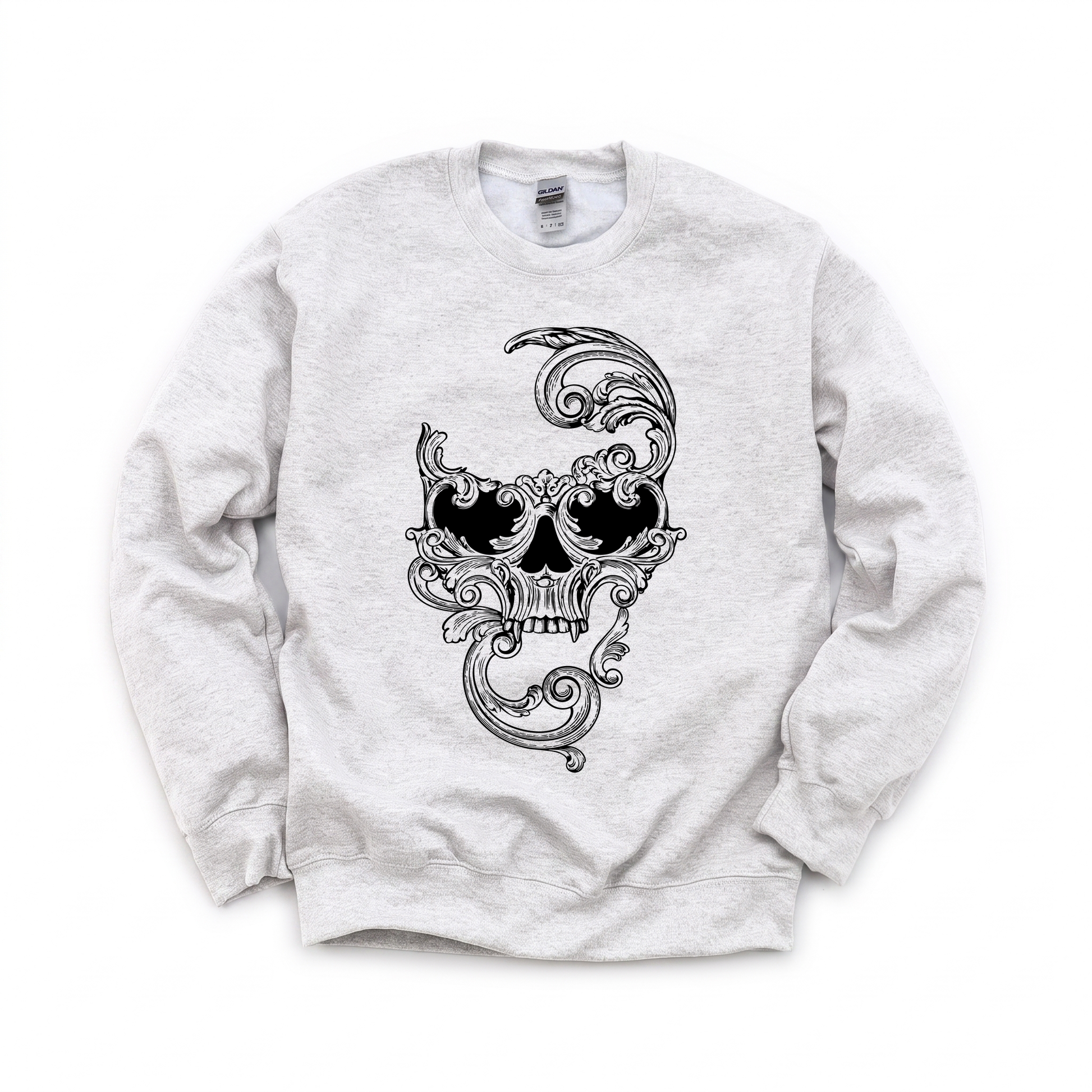 Ornate Skull graphic on Gildan 18000 in Ash