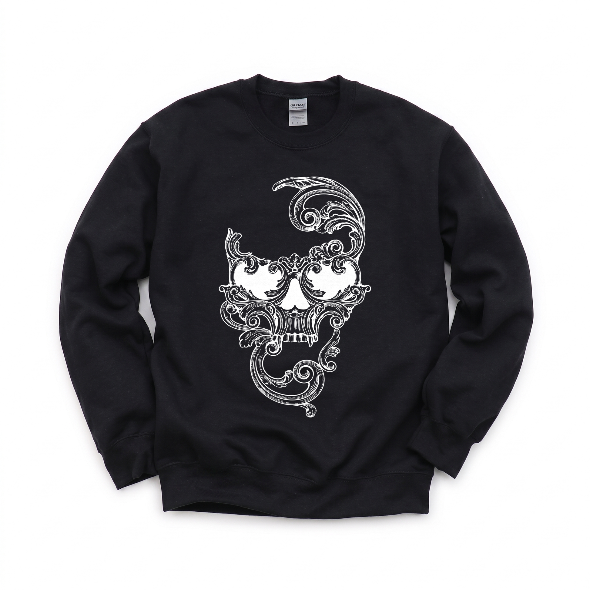 Ornate Skull graphic on Gildan 18000 in Black