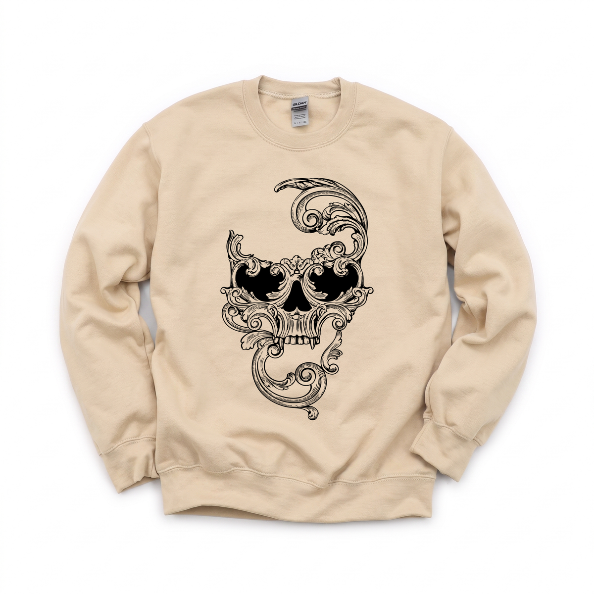 Ornate Skull graphic on Gildan 18000 in Sand
