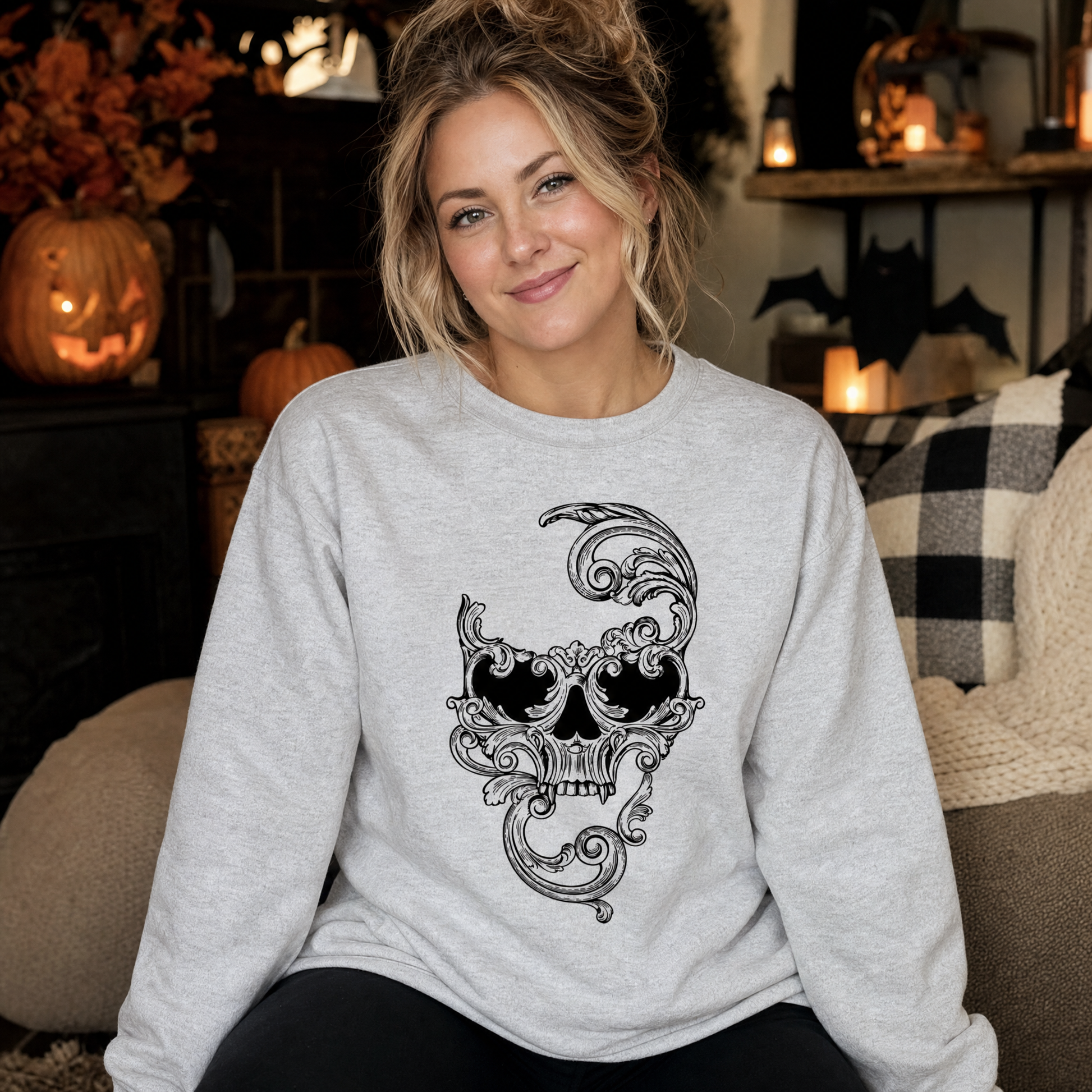 Model wearing the Ornate Skull sweatshirt in Ash, lifestyle image 1