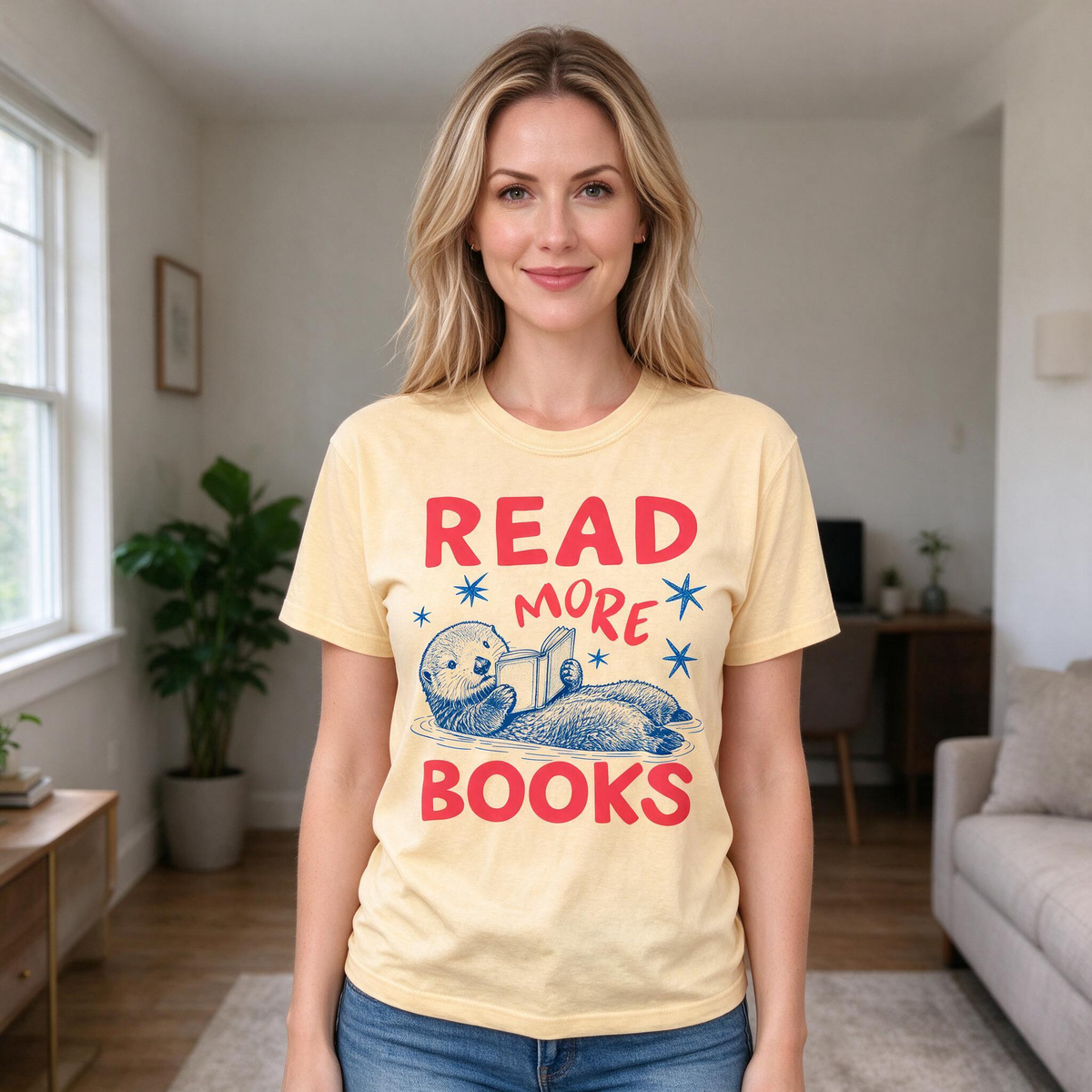 Model wearing the Otter Reading Book comfort colors tee in Butter
