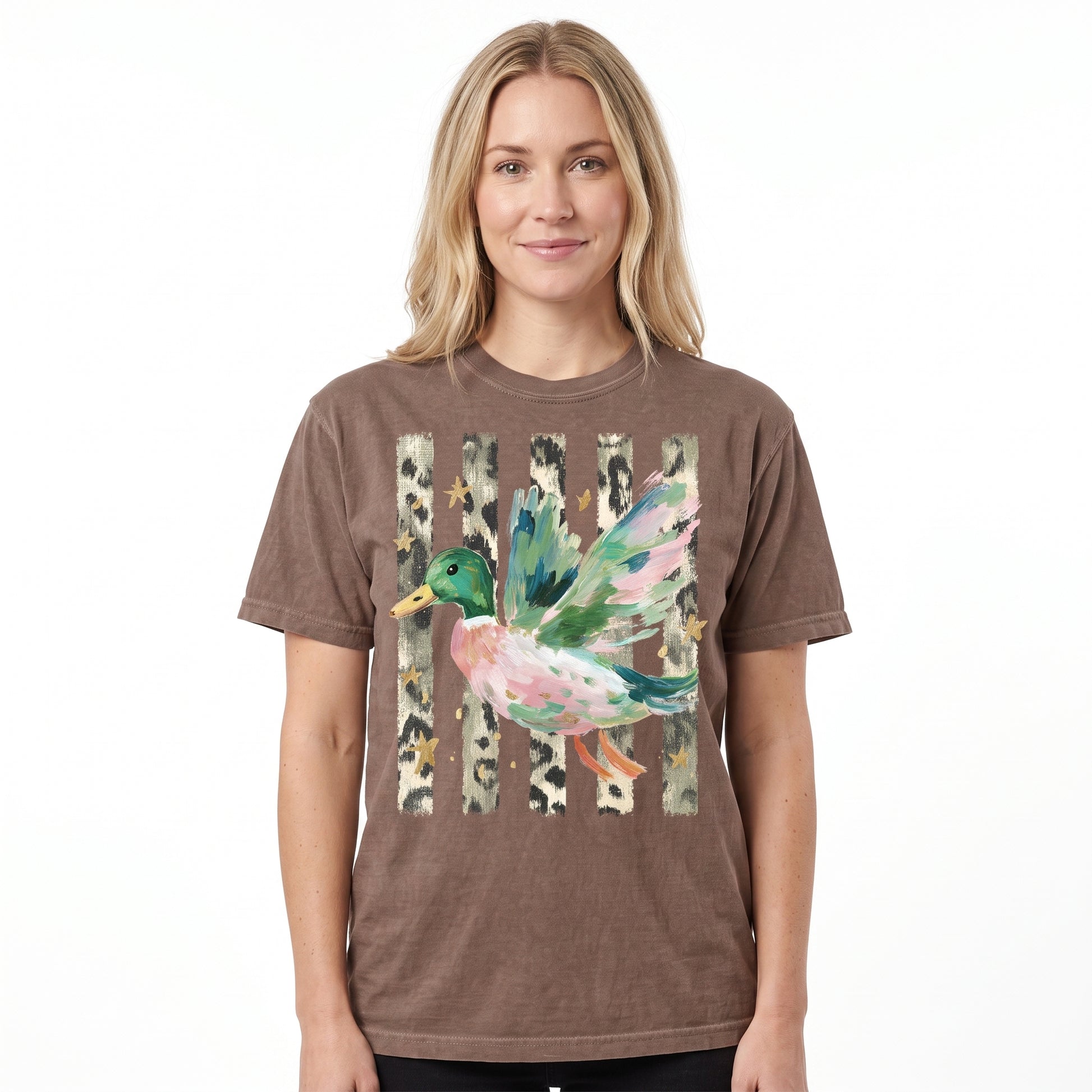 Model wearing the Painted Duck comfort colors tee in Espresso