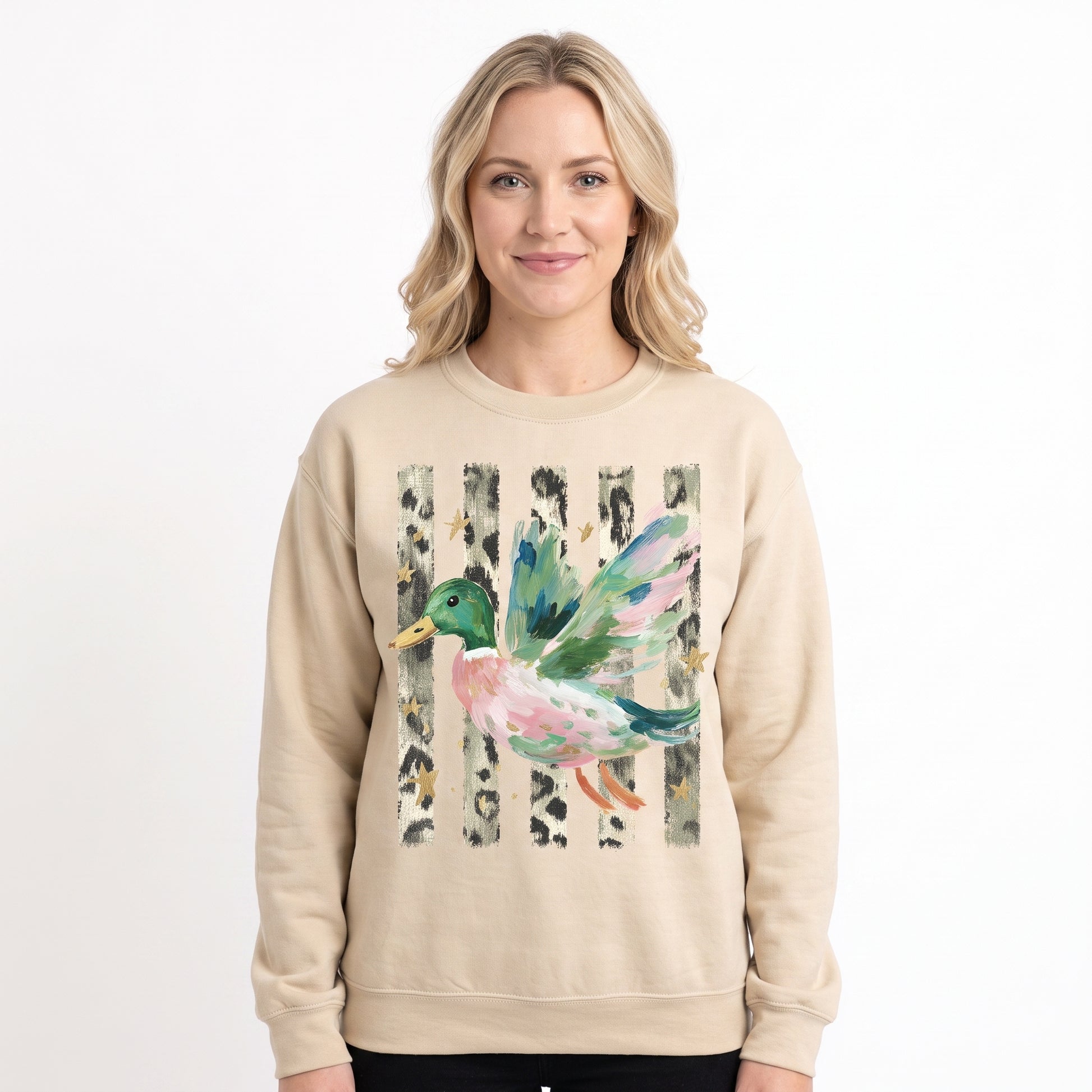 Model wearing the Painted Duck sweatshirt in Sand