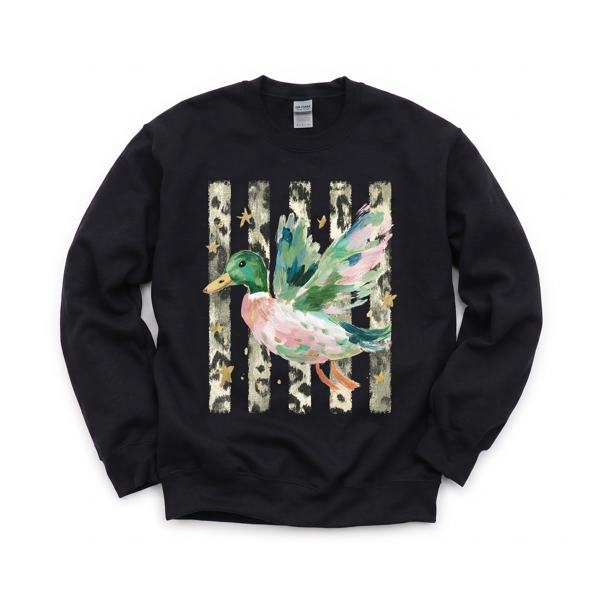 Painted Duck graphic on Gildan 18000 in Black