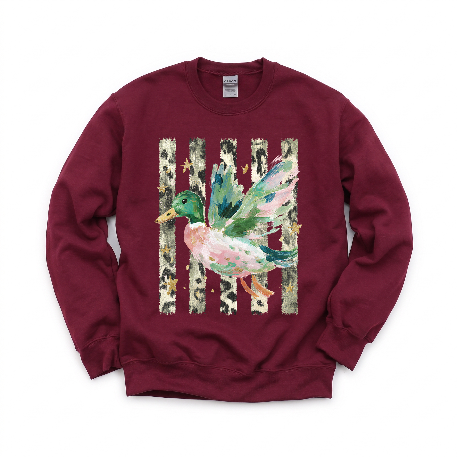Painted Duck graphic on Gildan 18000 in Maroon