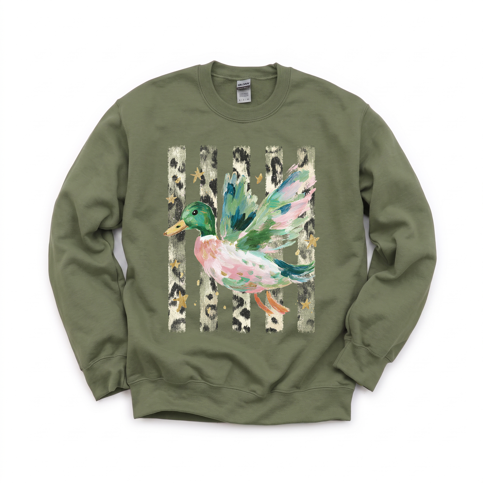 Painted Duck graphic on Gildan 18000 in Military Green