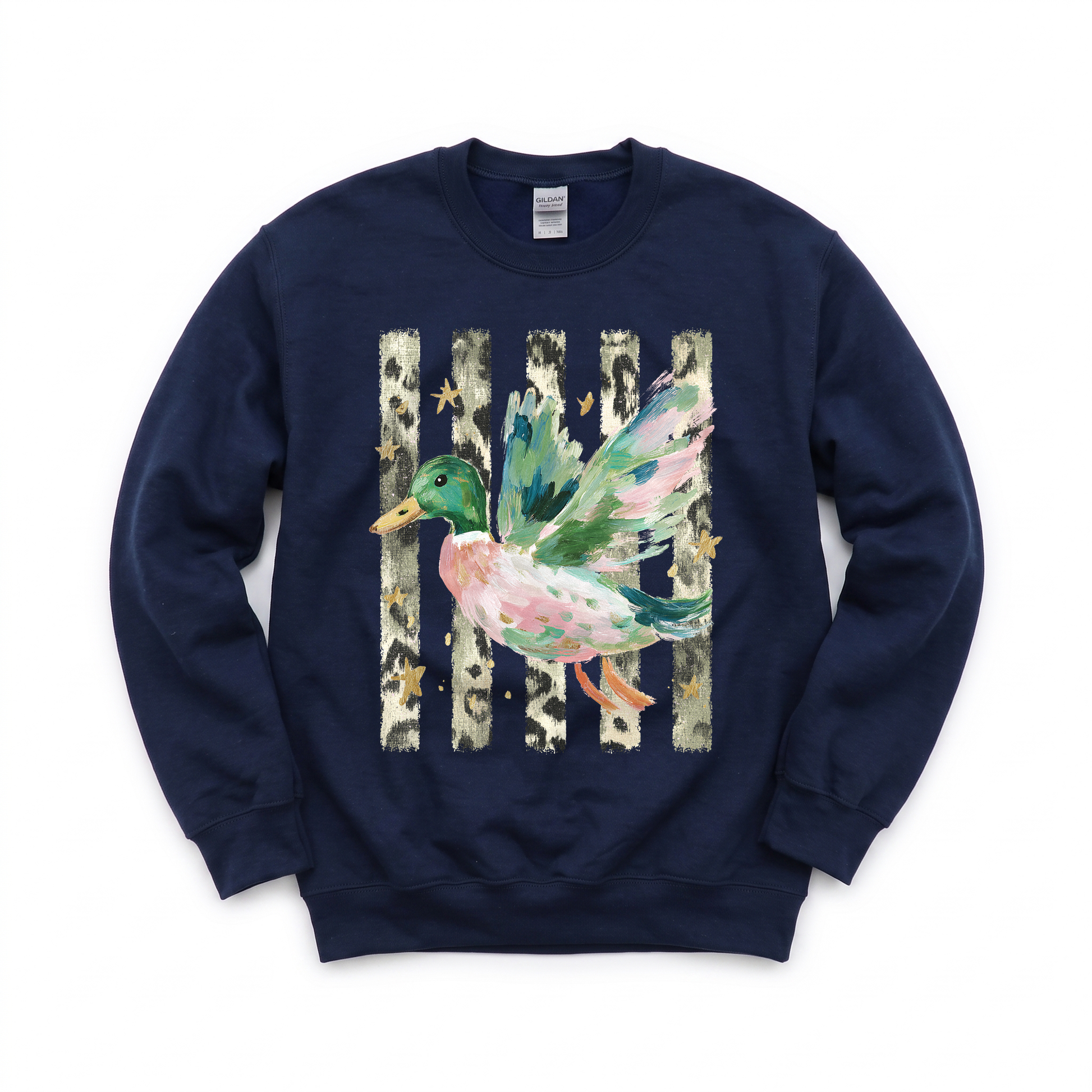 Painted Duck graphic on Gildan 18000 in Navy