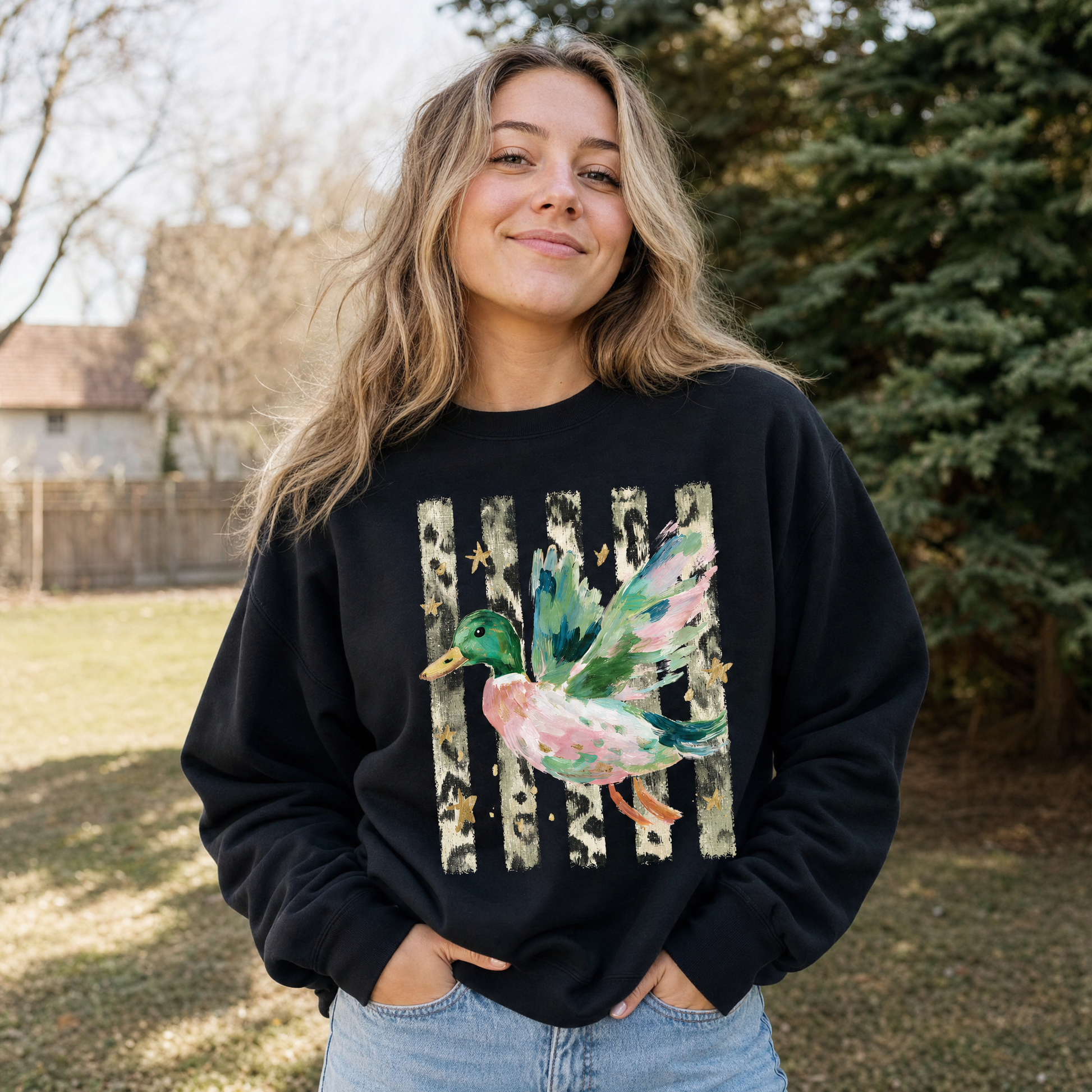 Model wearing the Painted Duck sweatshirt in Black