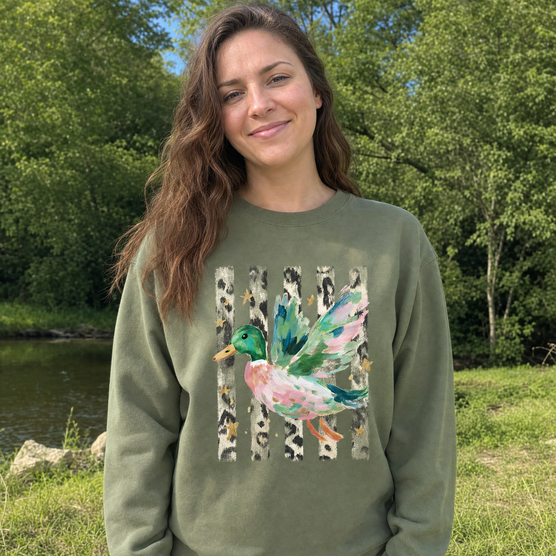 Model wearing the Painted Duck sweatshirt in Military Green