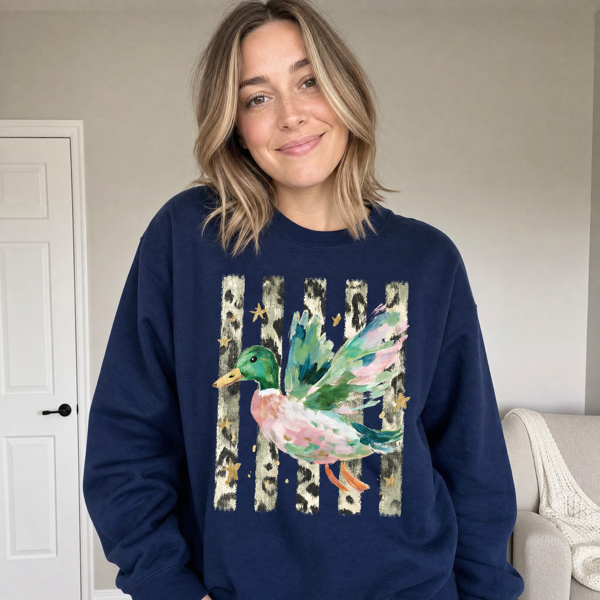 Model wearing the Painted Duck sweatshirt in Navy