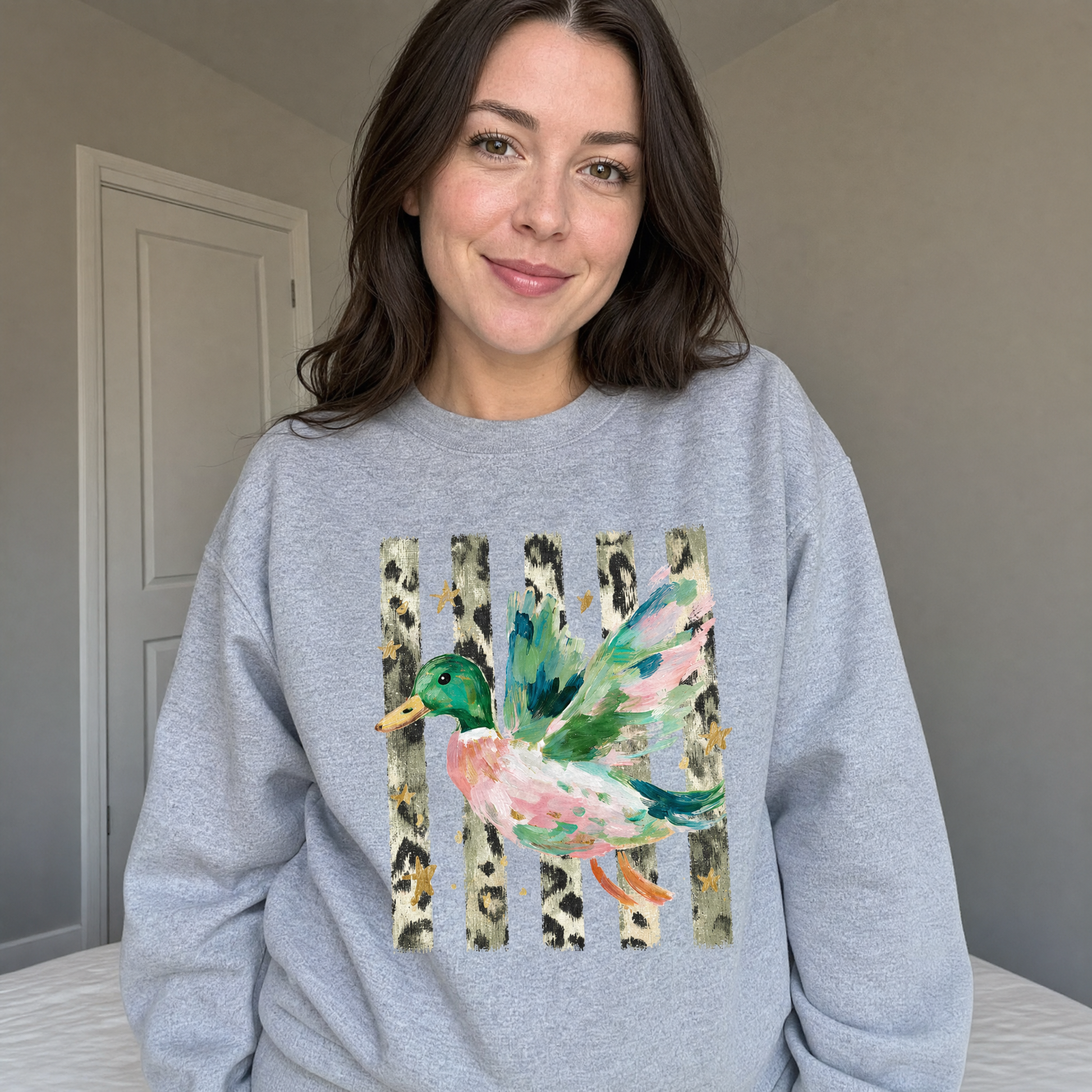 Model wearing the Painted Duck sweatshirt in Sport Grey