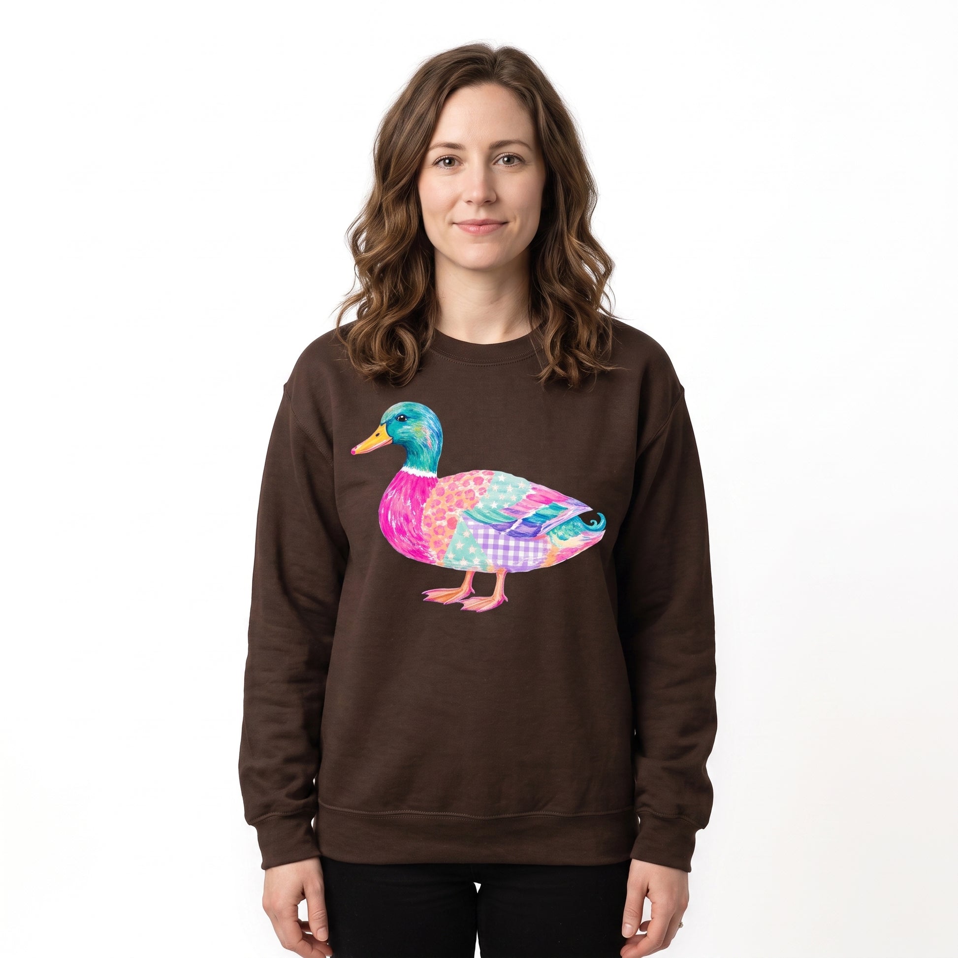 Model wearing the Patchwork Duck sweatshirt in Dark Chocolate