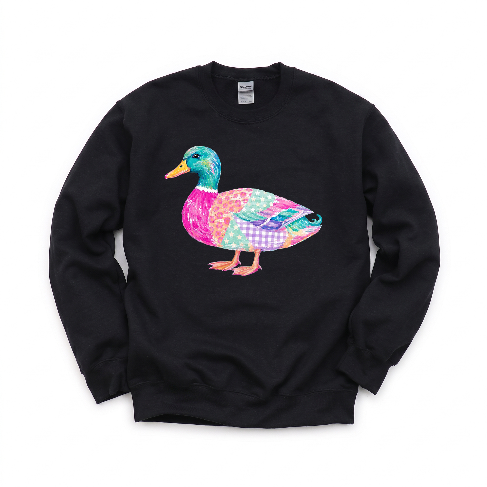 Patchwork Duck graphic on Gildan 18000 in Black