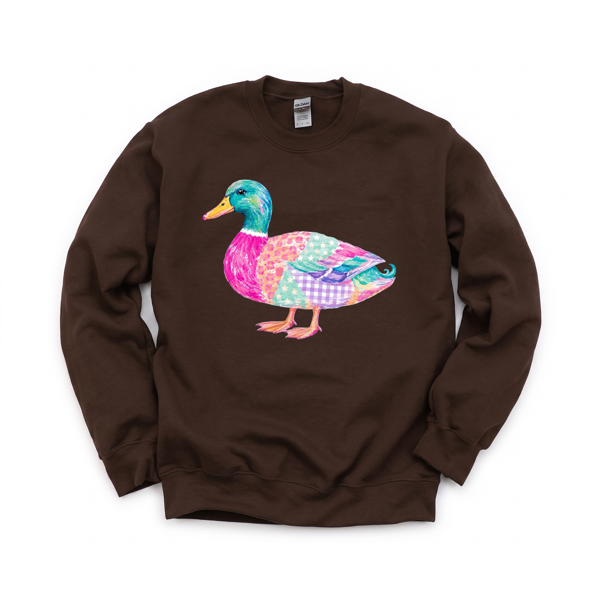 Patchwork Duck graphic on Gildan 18000 in Dark Chocolate