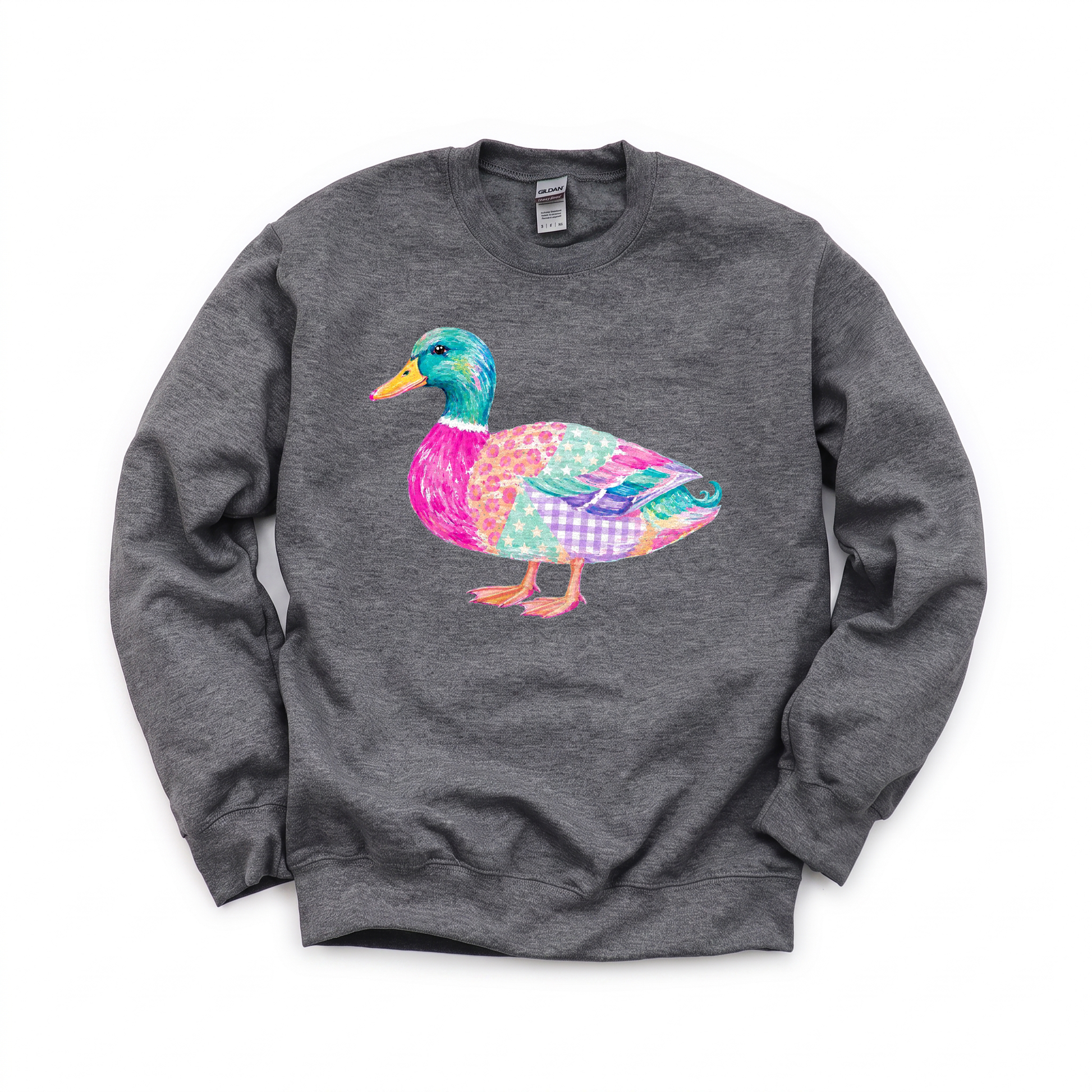 Patchwork Duck graphic on Gildan 18000 in Dark Heather