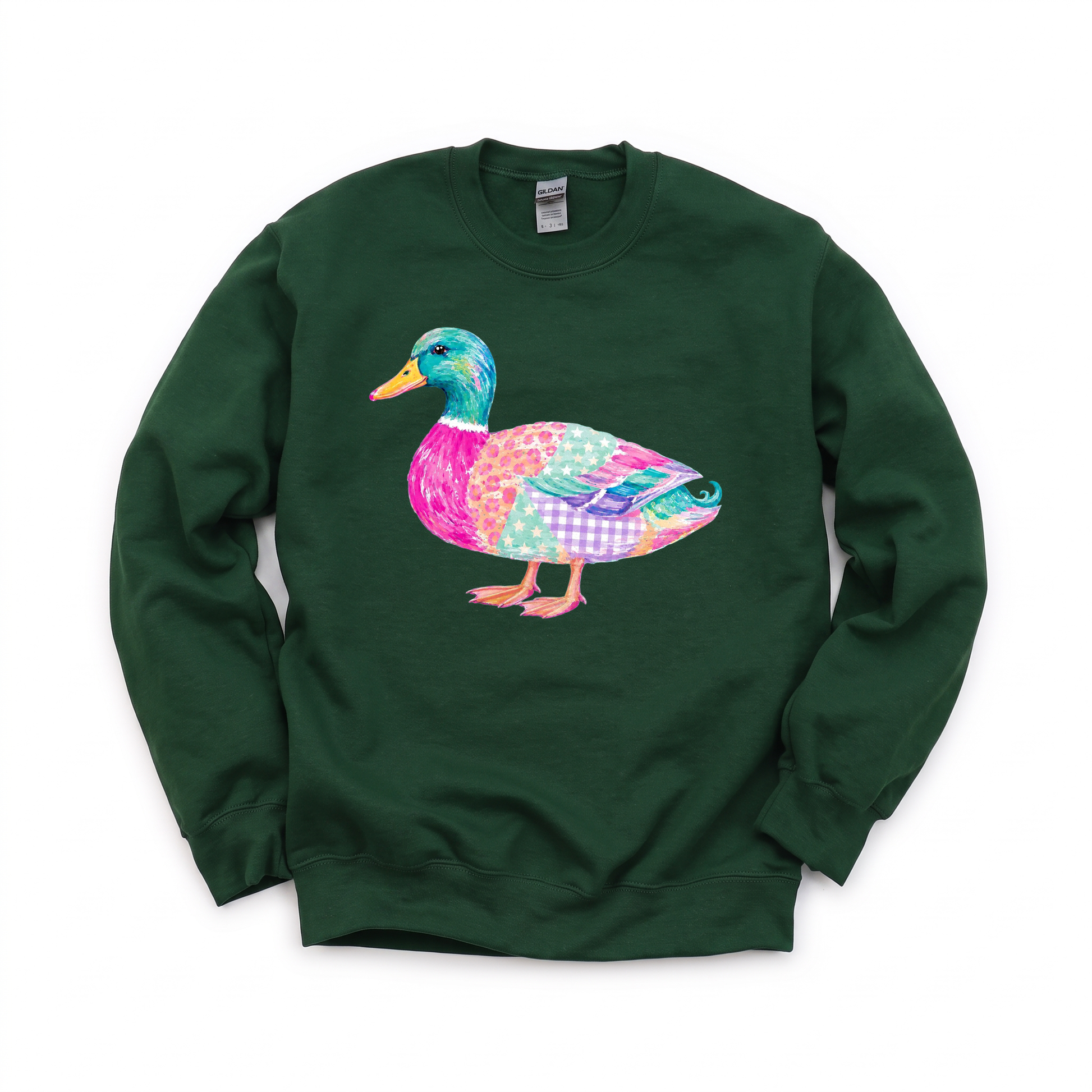 Patchwork Duck graphic on Gildan 18000 in Forest Green