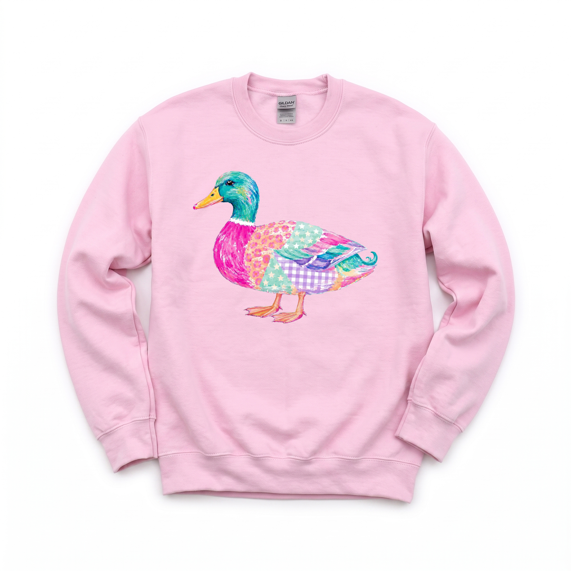 Patchwork Duck graphic on Gildan 18000 in Light Pink