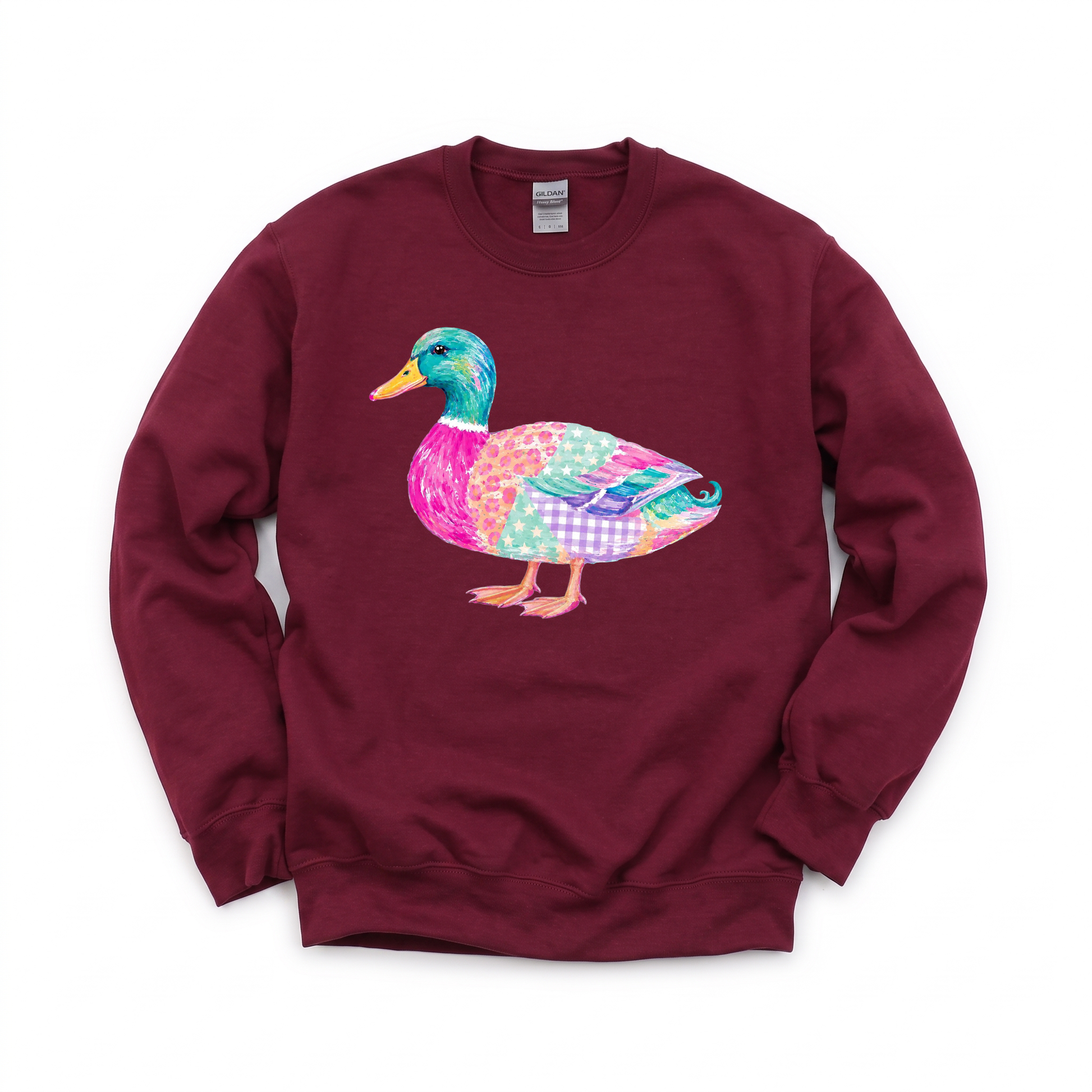 Patchwork Duck graphic on Gildan 18000 in Maroon
