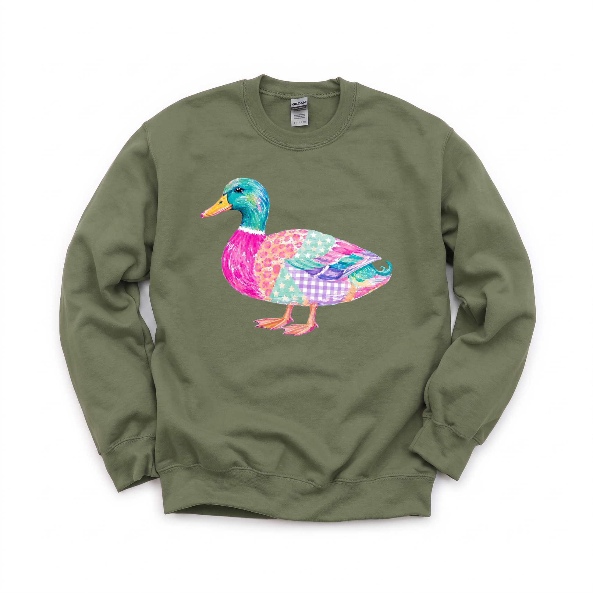 Patchwork Duck graphic on Gildan 18000 in Military Green