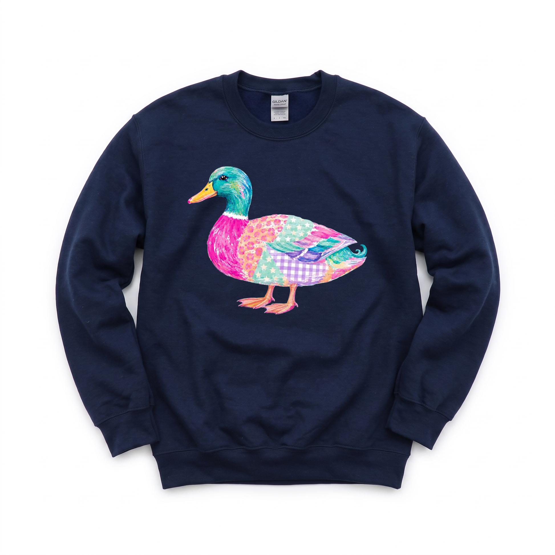 Patchwork Duck graphic on Gildan 18000 in Navy