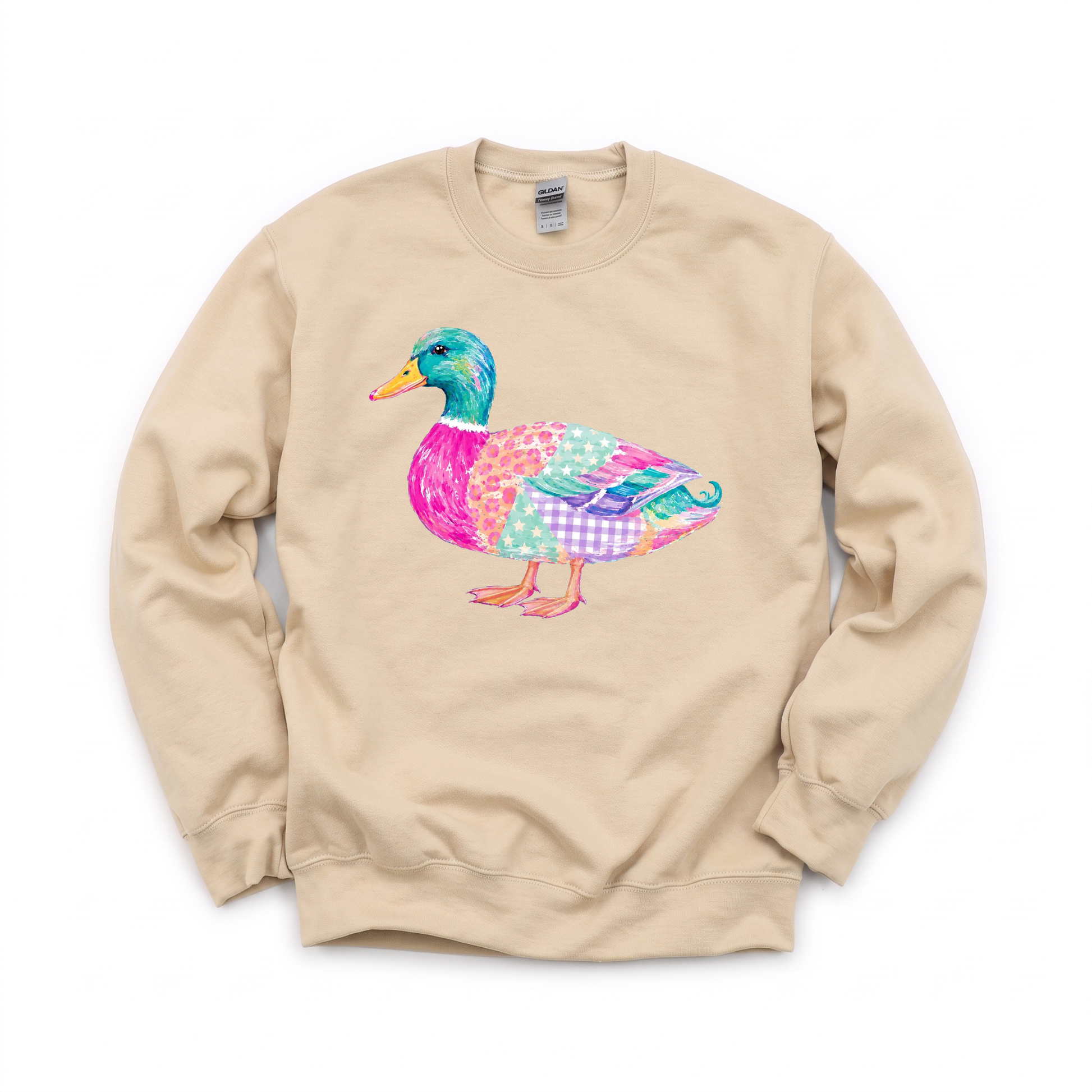Patchwork Duck graphic on Gildan 18000 in Sand