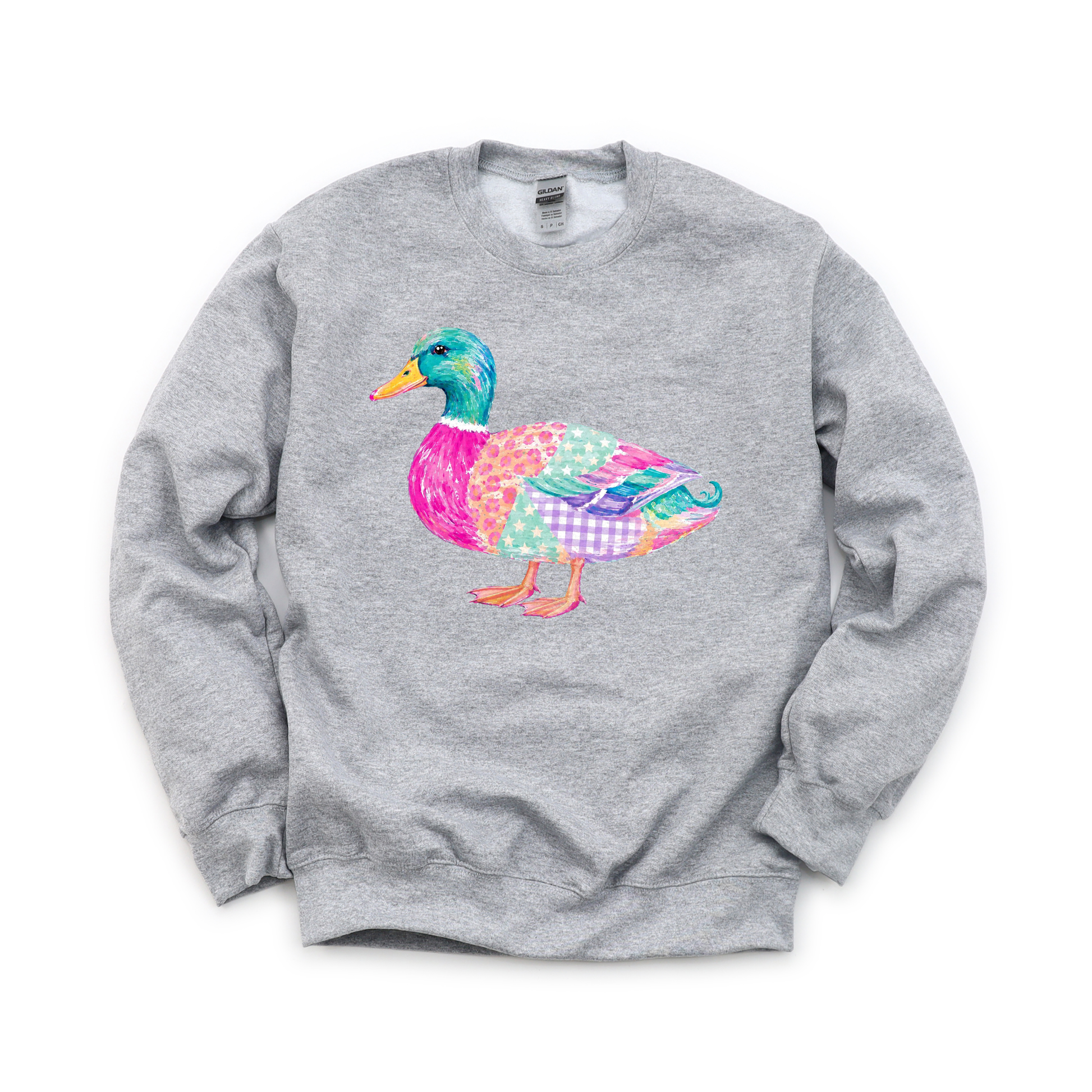 Patchwork Duck graphic on Gildan 18000 in Sport Grey