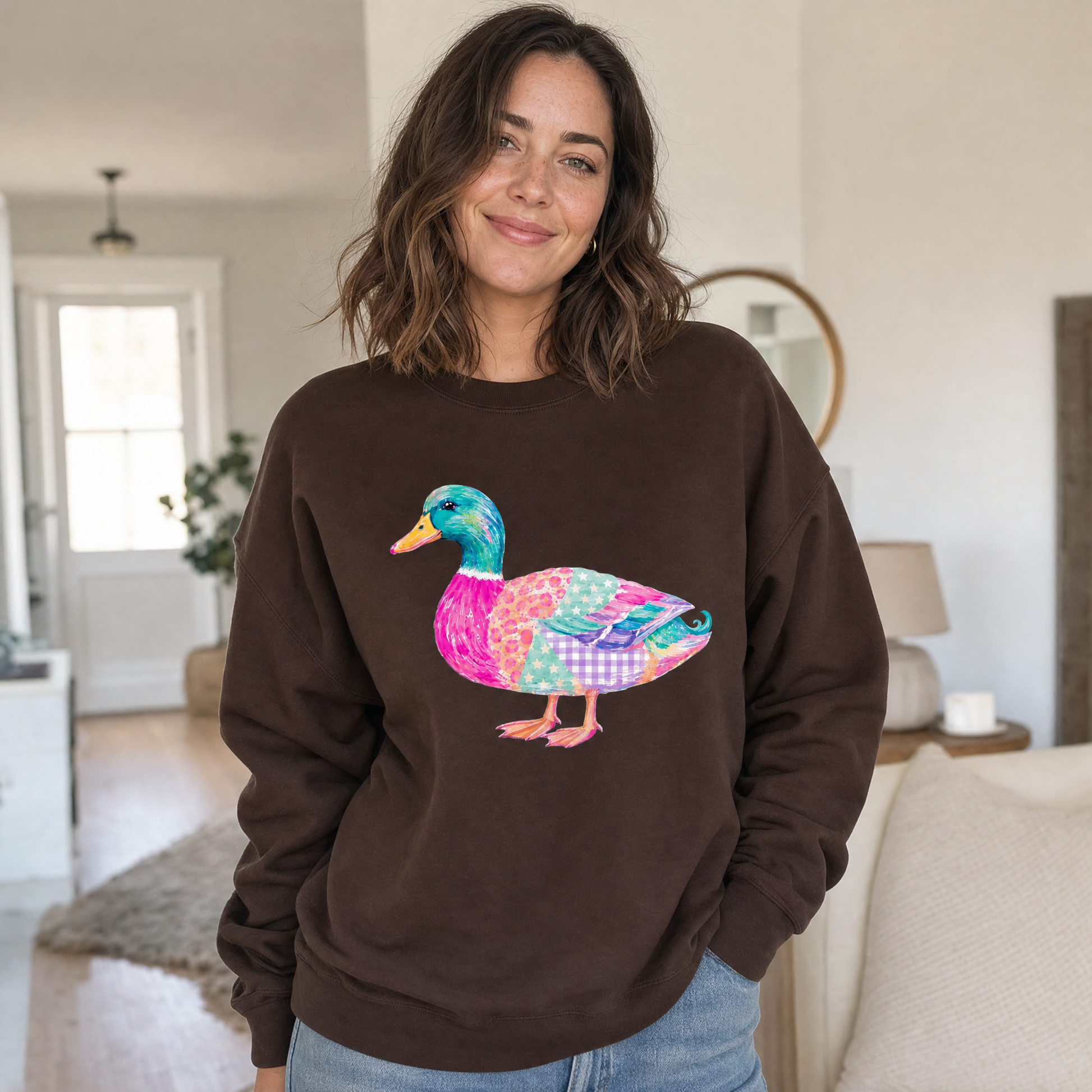 Model wearing the Patchwork Duck sweatshirt in Dark Chocolate