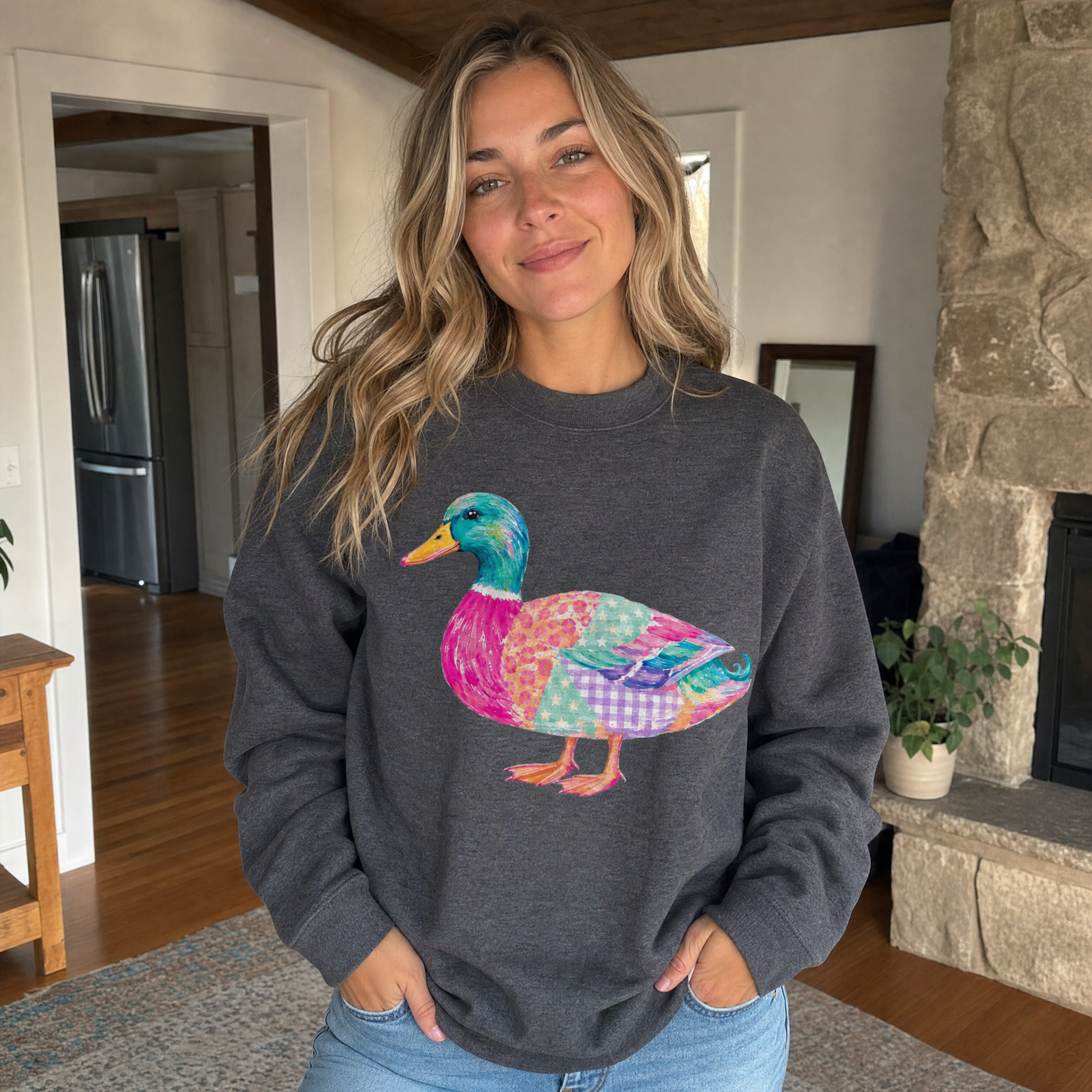 Model wearing the Patchwork Duck sweatshirt in Dark Heather
