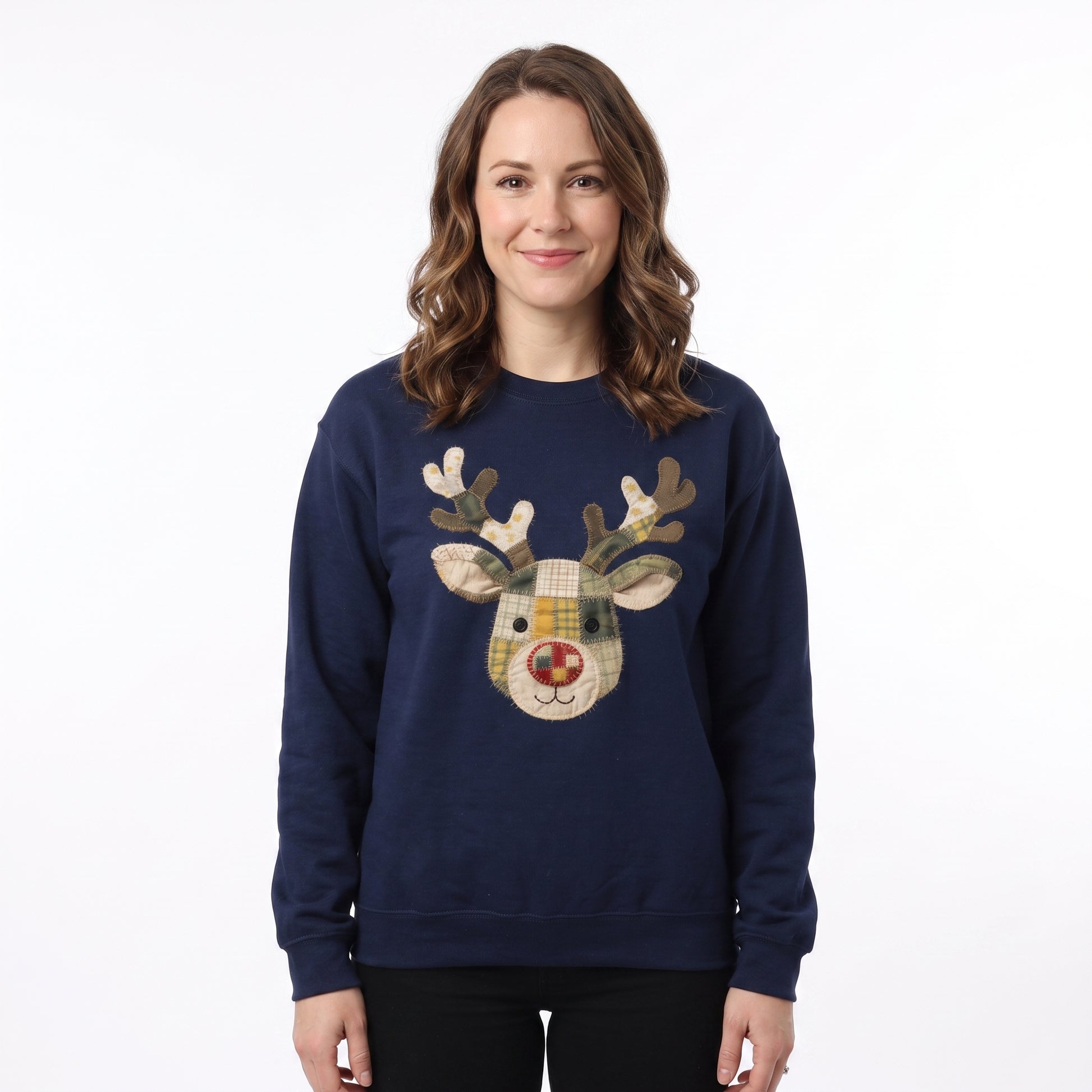 Model wearing the Patchwork Reindeer sweatshirt in Navy, cover image 1